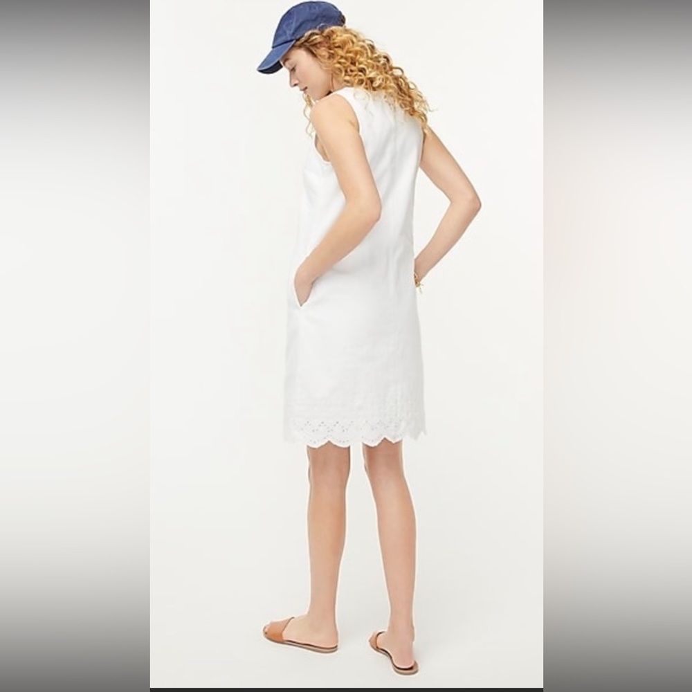 J. Crew White Denim Shift Dress Eyelet Hem Scalloped